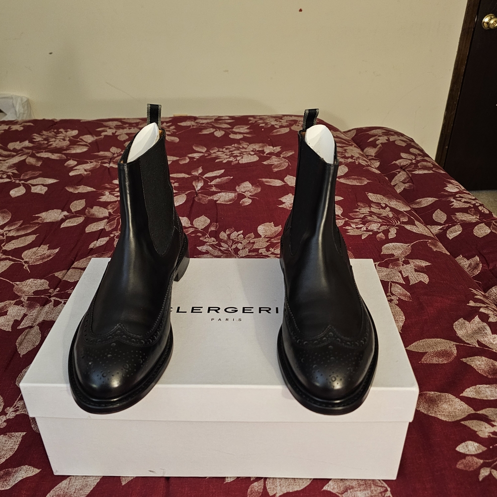 Robert Clergerie Black Leather Wingtip Chelsea Booties